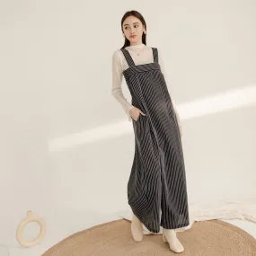 Striped Cotton Long Strap Wide Leg Jumpsuit Pants