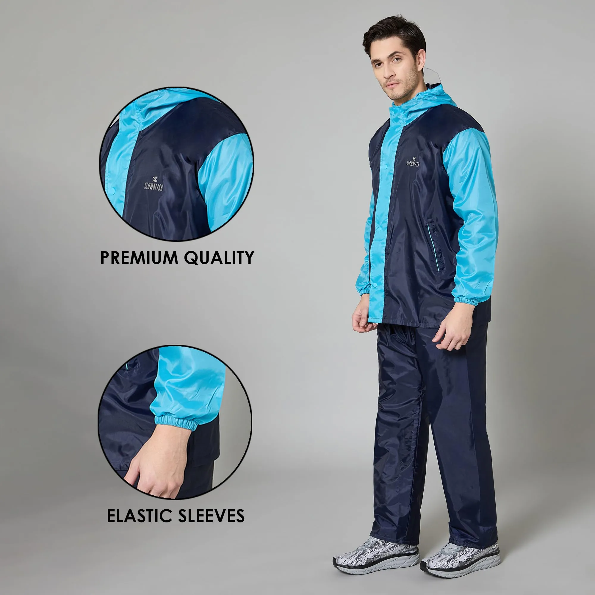 THE CLOWNFISH Raincoats for Men Waterproof Reversible for Bike Double Layer with Hood Rain Coat for Men. Set of Top and Bottom. Color Block Series (Dark Blue/Light Blue, 4XL)