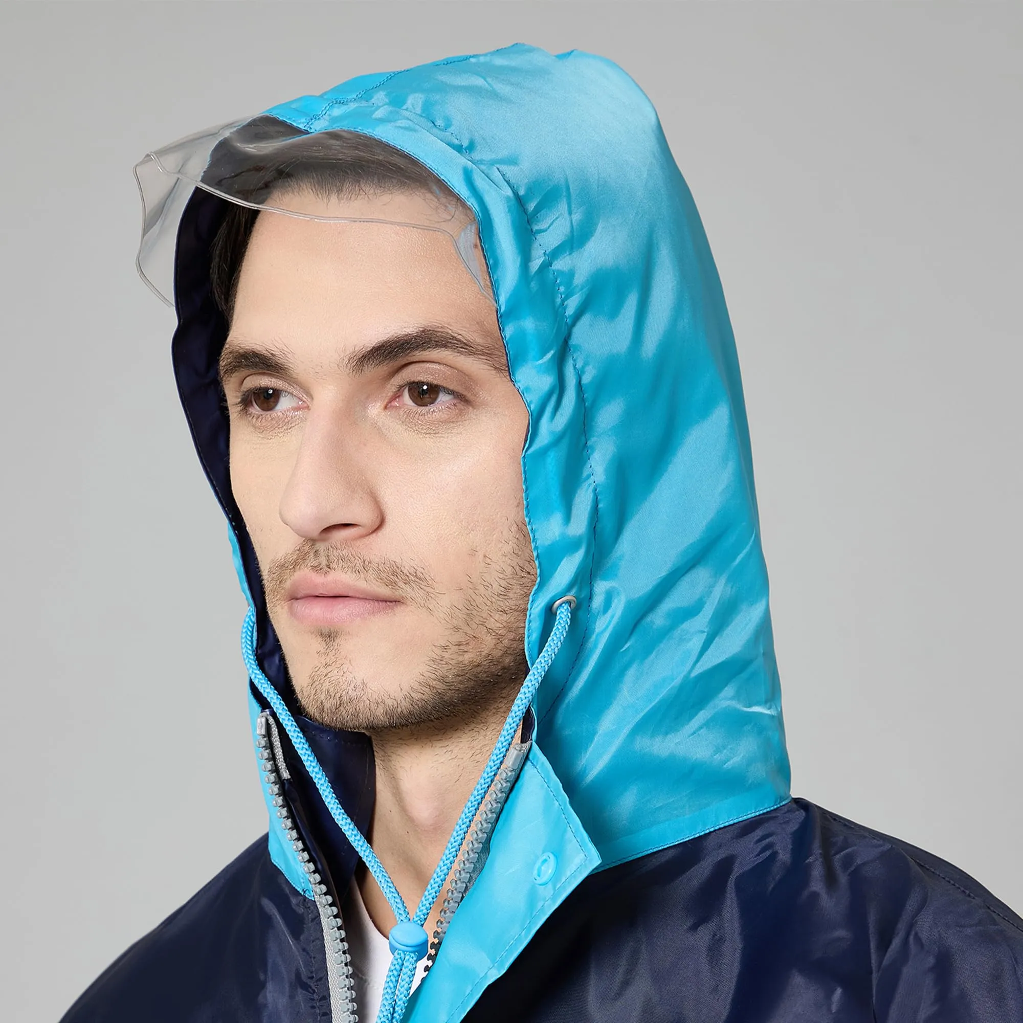 THE CLOWNFISH Raincoats for Men Waterproof Reversible for Bike Double Layer with Hood Rain Coat for Men. Set of Top and Bottom. Color Block Series (Dark Blue/Light Blue, 4XL)