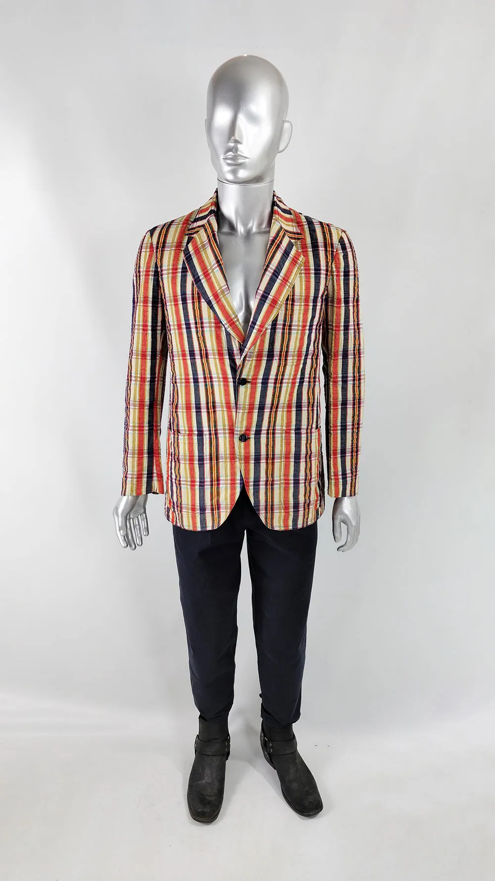 Trenco Vintage 70s Mens Bold Checked Seersucker Blazer, 1970s