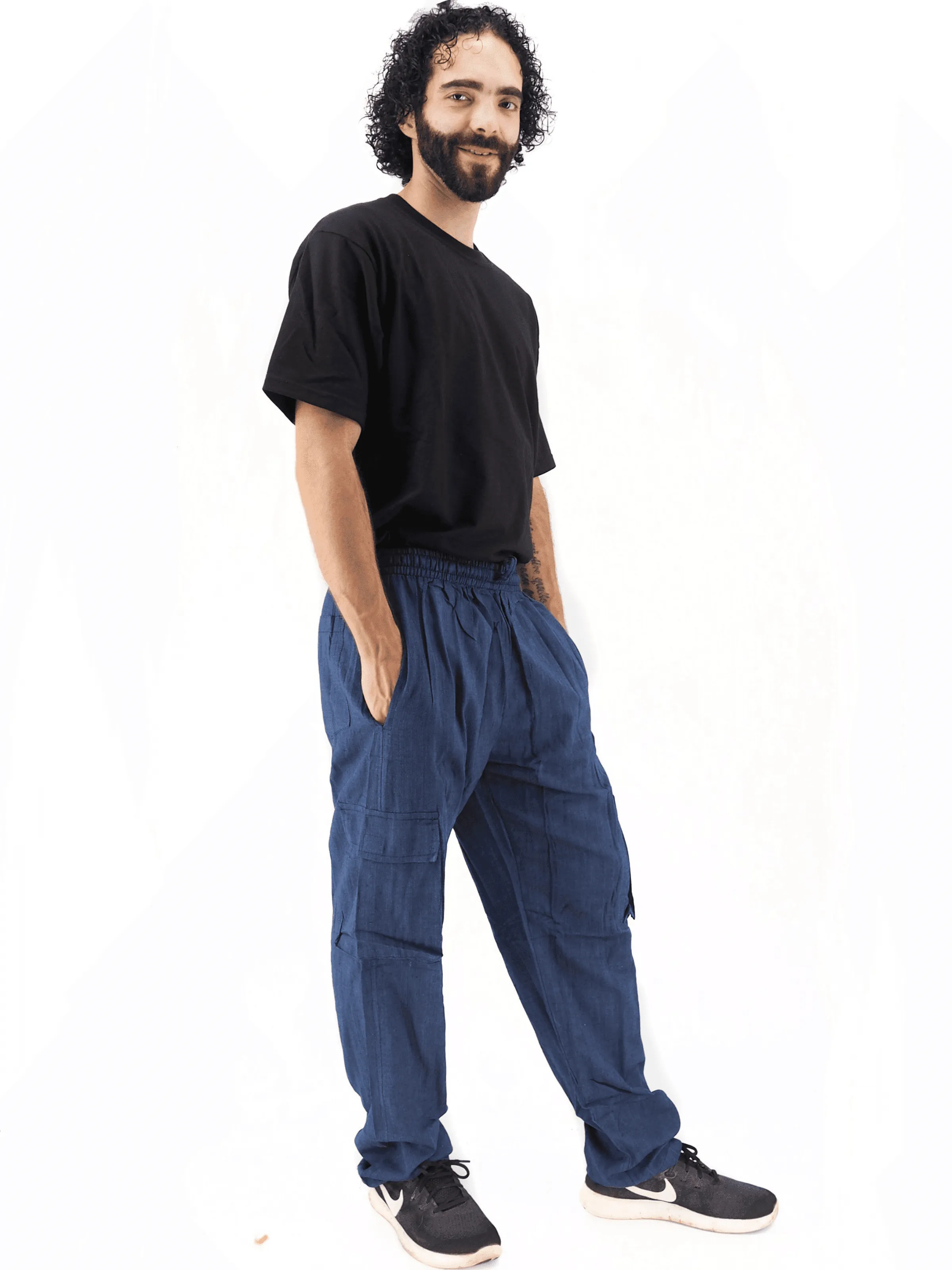 Unisex Handmade Casual Boho Cotton Solid Color Blue Pants Size S-M-L-XL