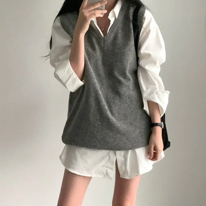 Uniwim style Chic Autumn Simple All-Match V-neck Solid Color Pullover Mid-Length Knitted Vest for Women