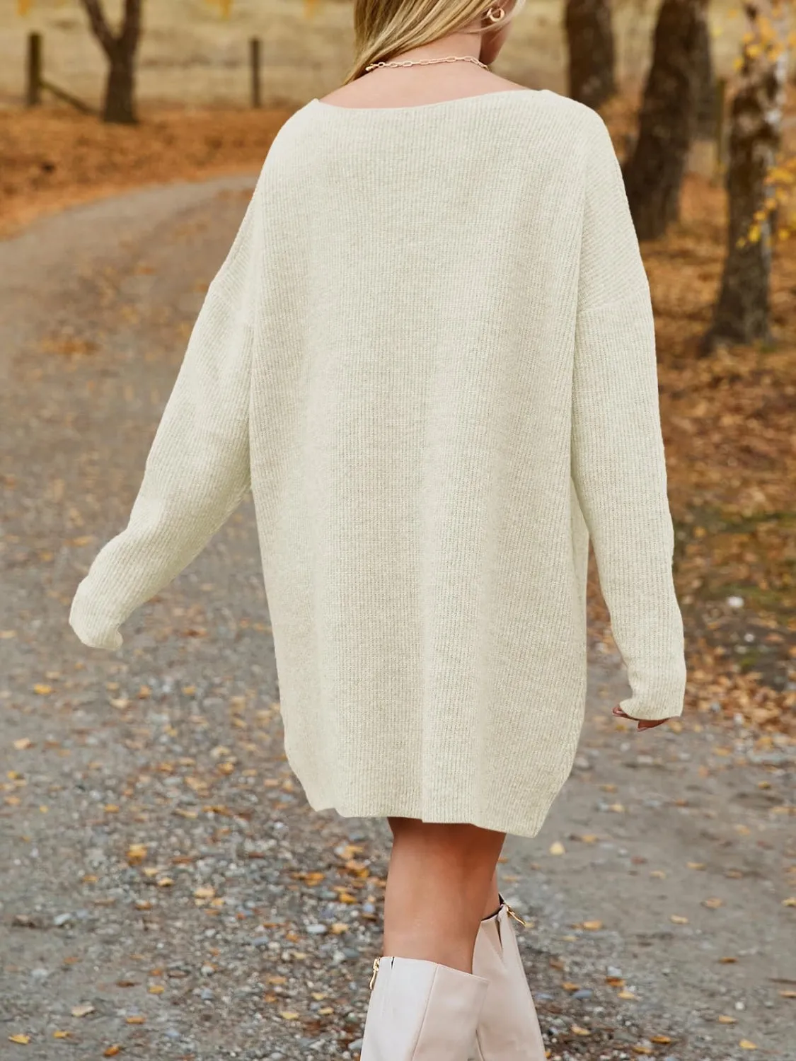 V-Neck Dropped Shoulder Sweater Dress