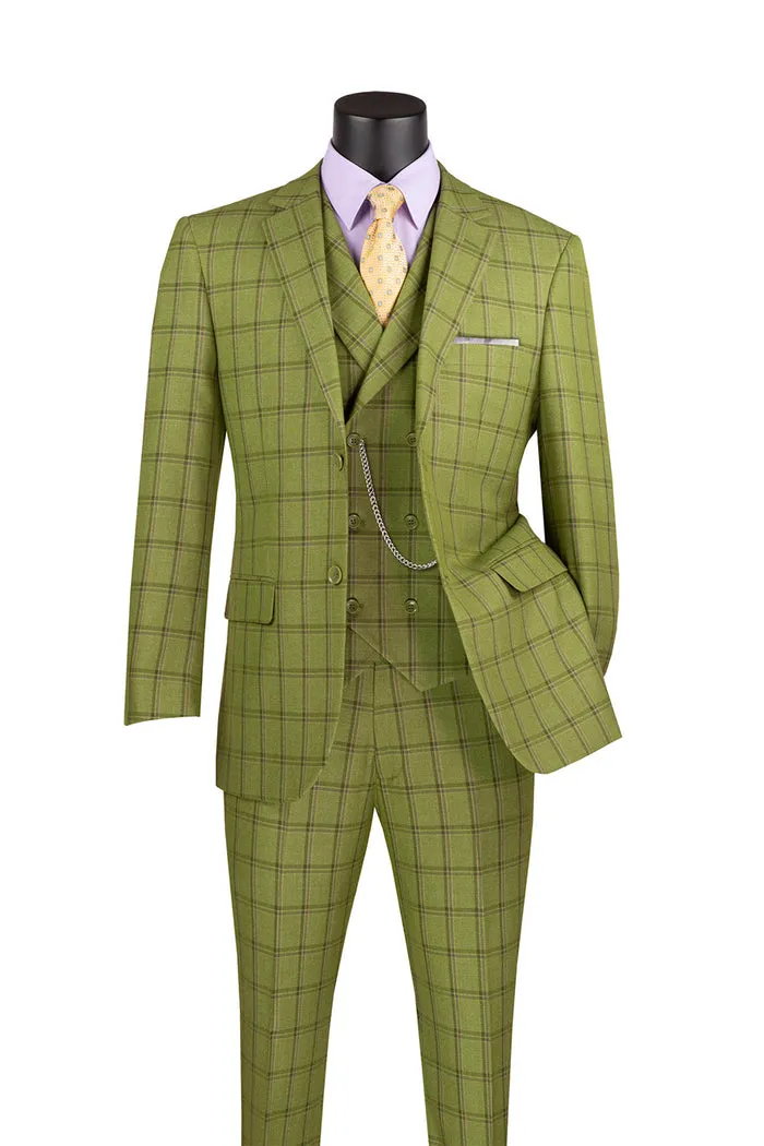 Vinci Modern Fit Windowpane Suit 3 Piece Moss MV2W-4