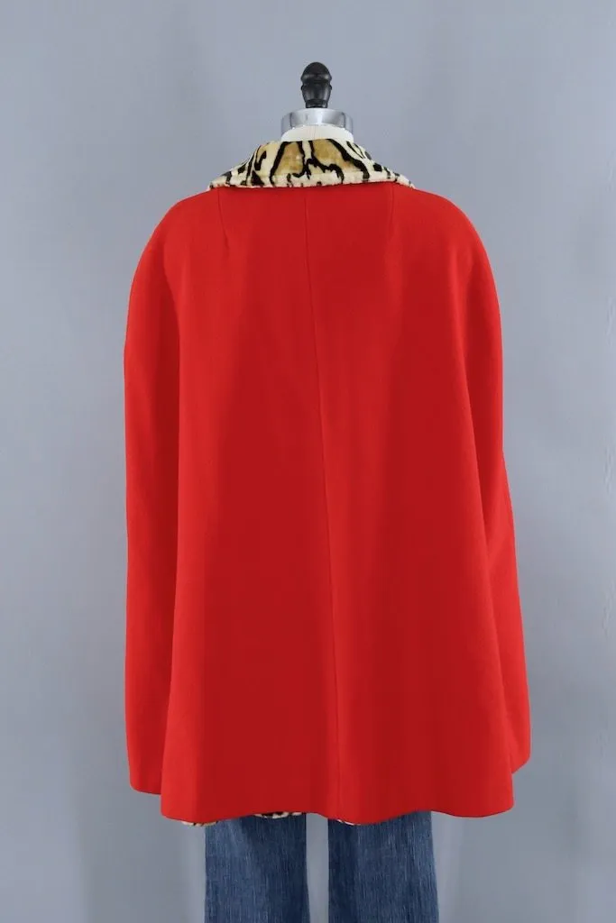 Vintage Red Leopard Print Reversible Cape