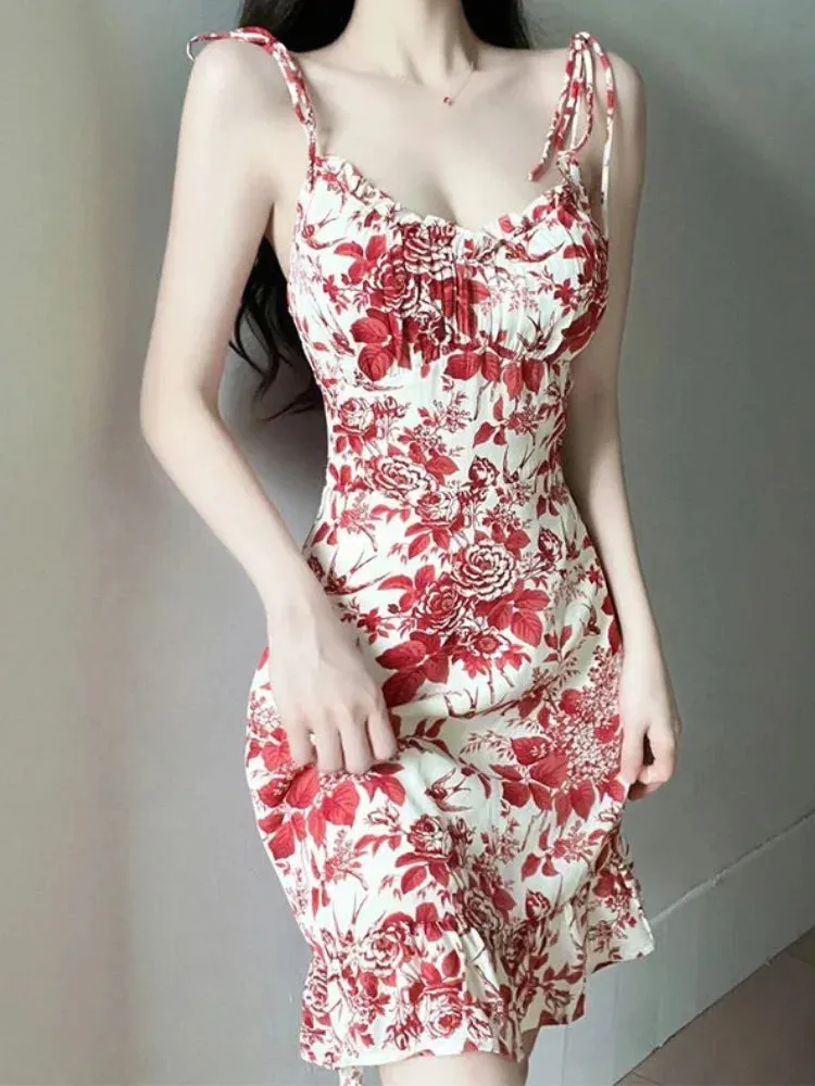 Vintage Sexy Floral Mini Dress Bandage Summer Casual Beach Holiday Vacation Flower Print Slip Dresses New In