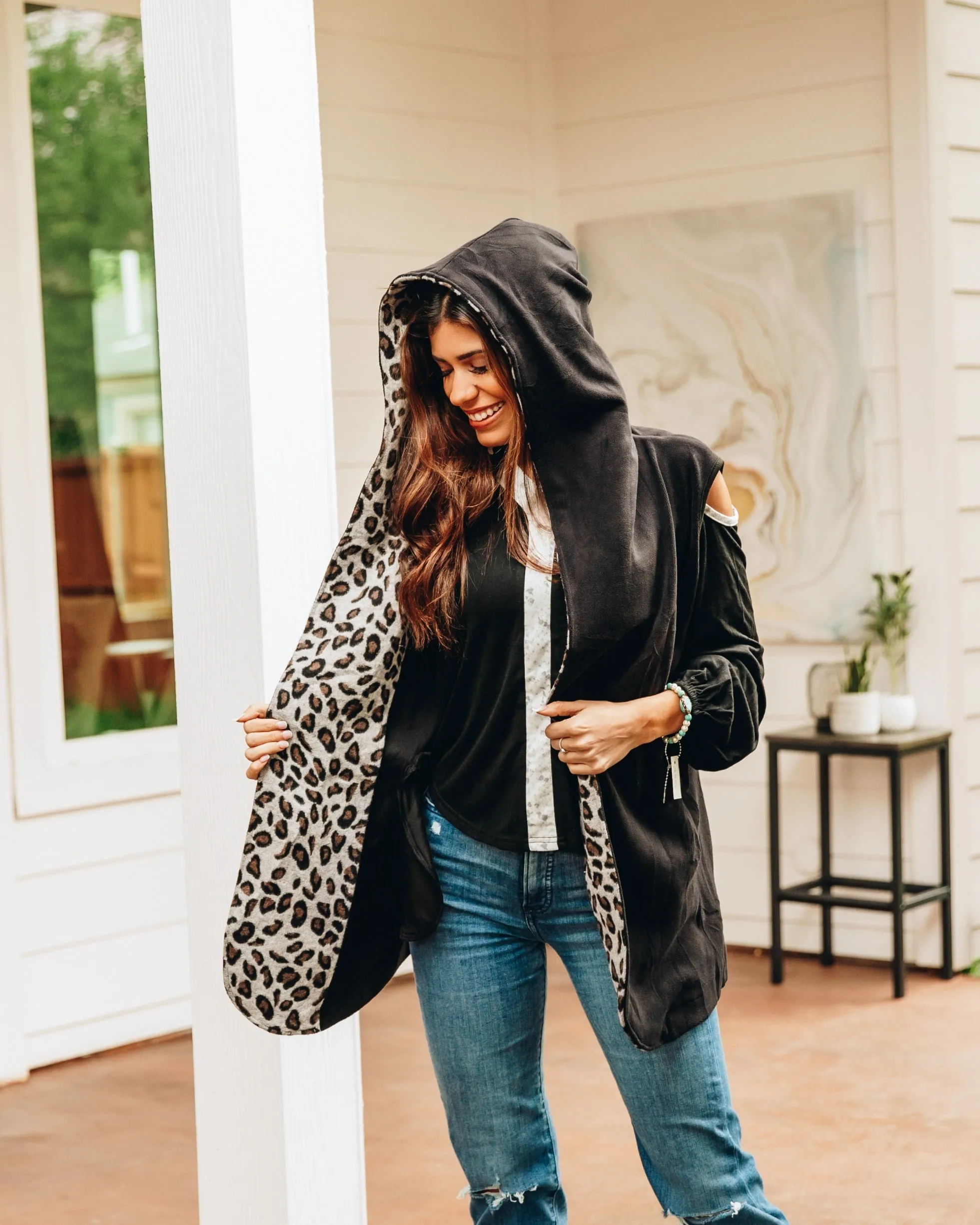 Warm and Together Black with Leopard Vest Cardigan