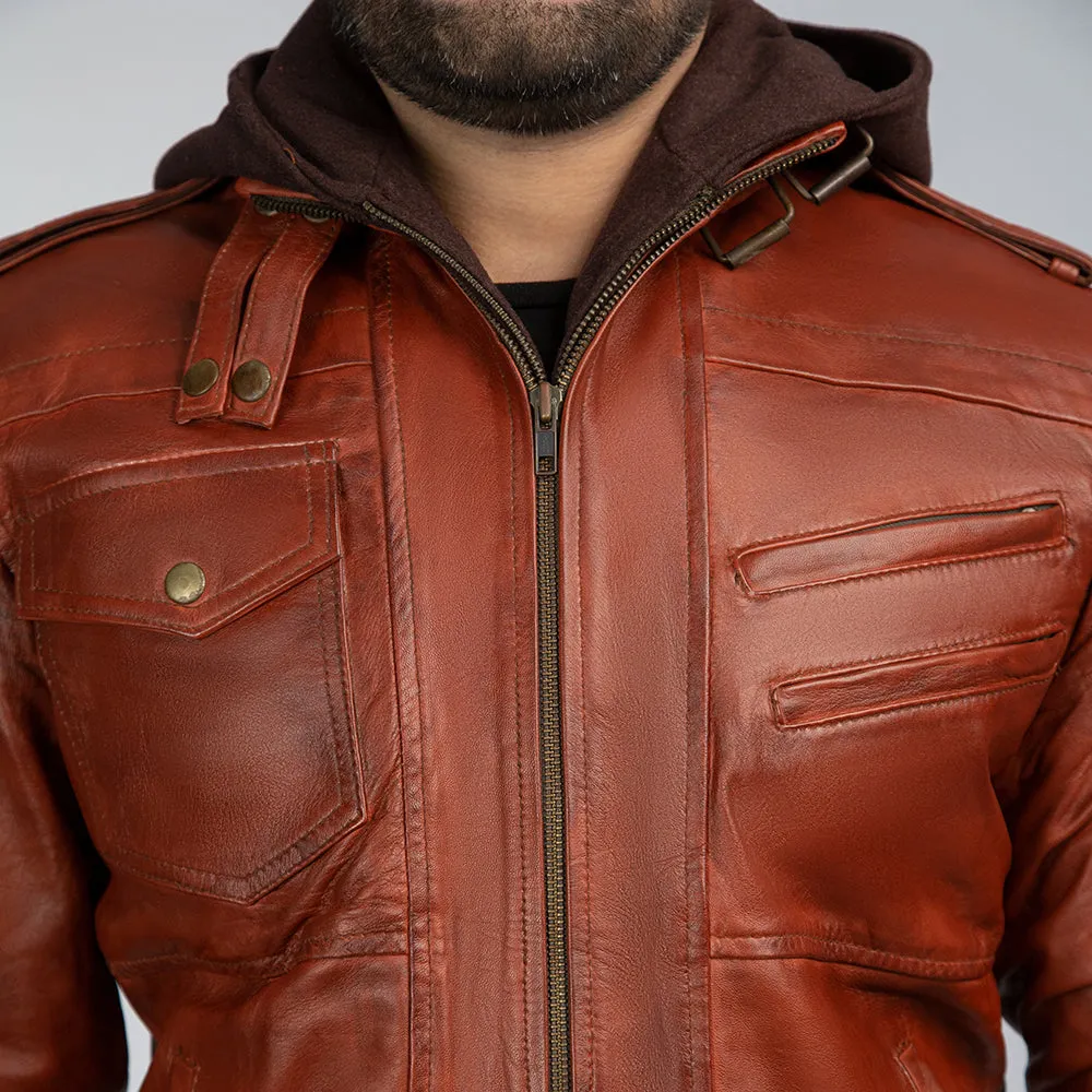 Watchman Brown Vintage Leather Jacket With Detachable Hood