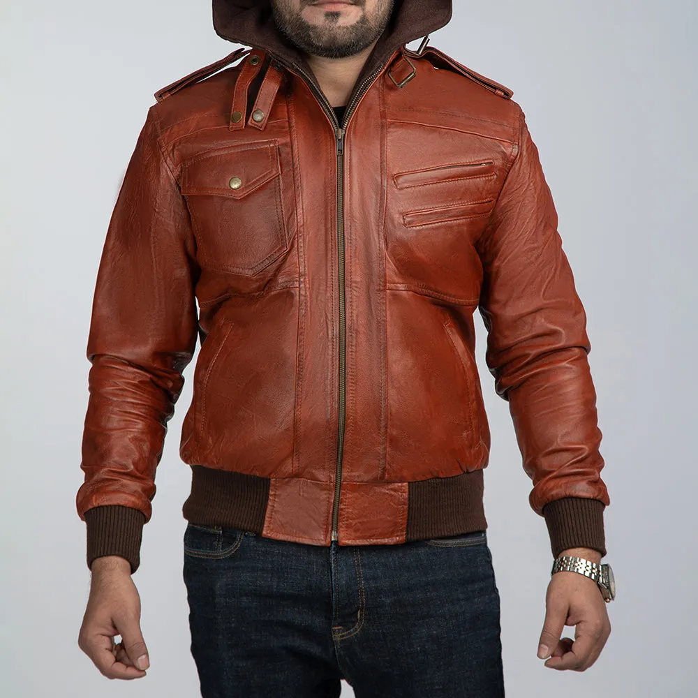 Watchman Brown Vintage Leather Jacket With Detachable Hood