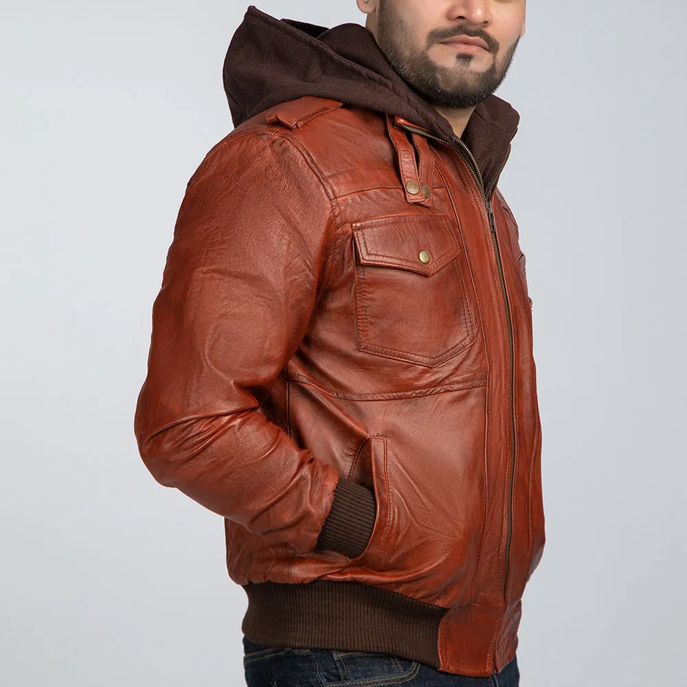 Watchman Brown Vintage Leather Jacket With Detachable Hood