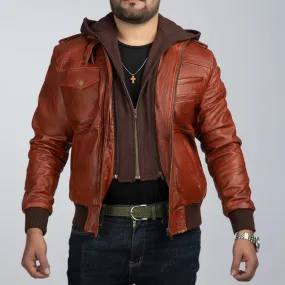 Watchman Brown Vintage Leather Jacket With Detachable Hood