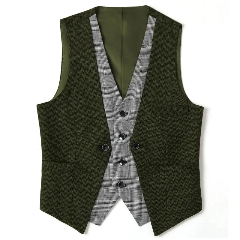 Wiaofellas  -  Men Vest Black Herringbone Slim Fit V Neck With Gray Grid Single Breasted Waistcoat Casual Formal Business Men Coat