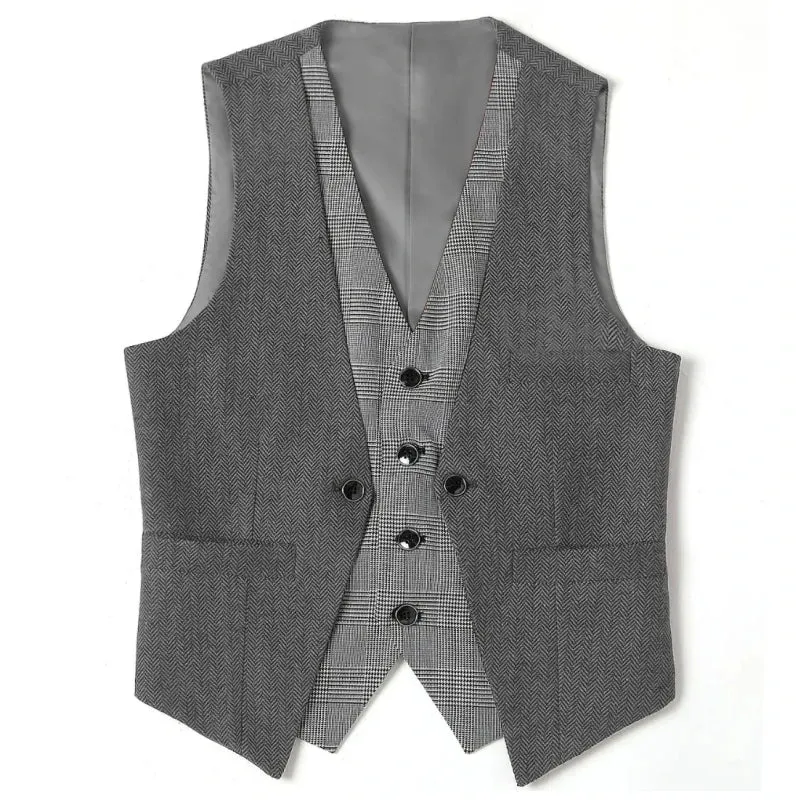 Wiaofellas  -  Men Vest Black Herringbone Slim Fit V Neck With Gray Grid Single Breasted Waistcoat Casual Formal Business Men Coat