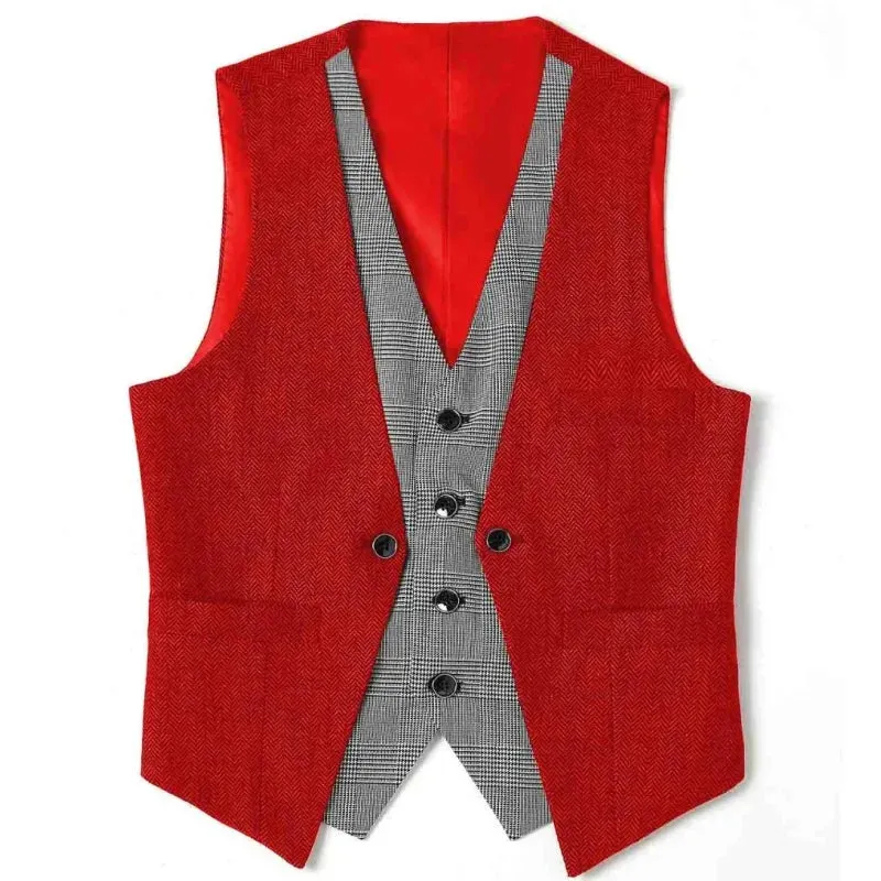 Wiaofellas  -  Men Vest Black Herringbone Slim Fit V Neck With Gray Grid Single Breasted Waistcoat Casual Formal Business Men Coat