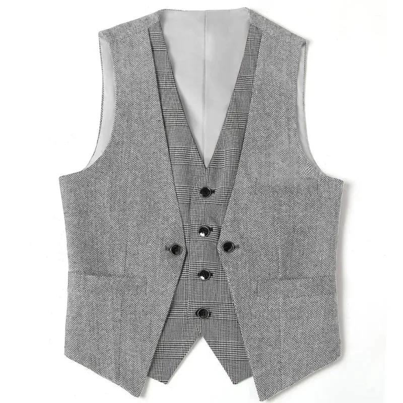 Wiaofellas  -  Men Vest Black Herringbone Slim Fit V Neck With Gray Grid Single Breasted Waistcoat Casual Formal Business Men Coat