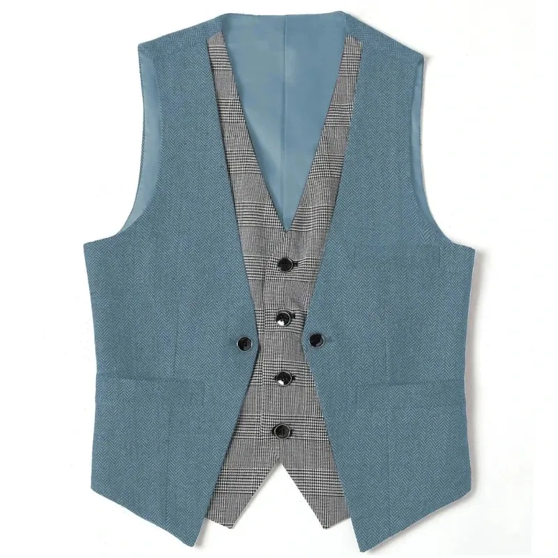 Wiaofellas  -  Men Vest Black Herringbone Slim Fit V Neck With Gray Grid Single Breasted Waistcoat Casual Formal Business Men Coat