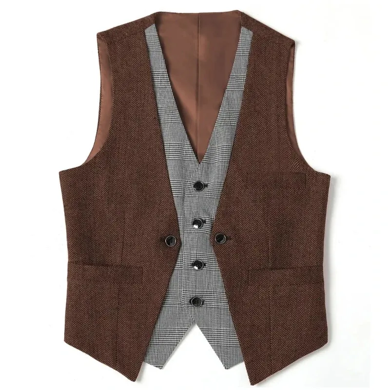 Wiaofellas  -  Men Vest Black Herringbone Slim Fit V Neck With Gray Grid Single Breasted Waistcoat Casual Formal Business Men Coat