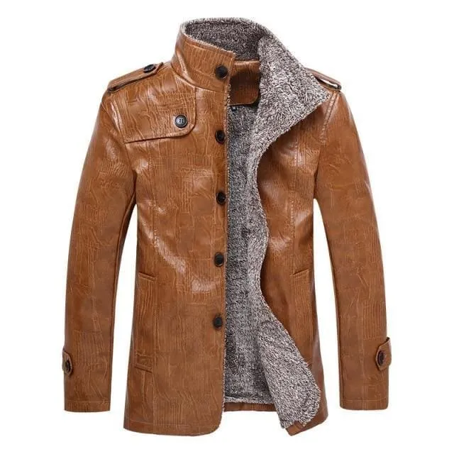 Winter Men Leather Jacket Stand Collar Long Coat