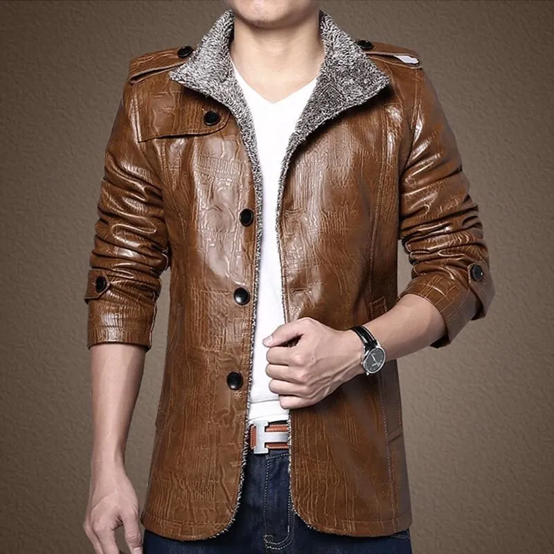 Winter Men Leather Jacket Stand Collar Long Coat