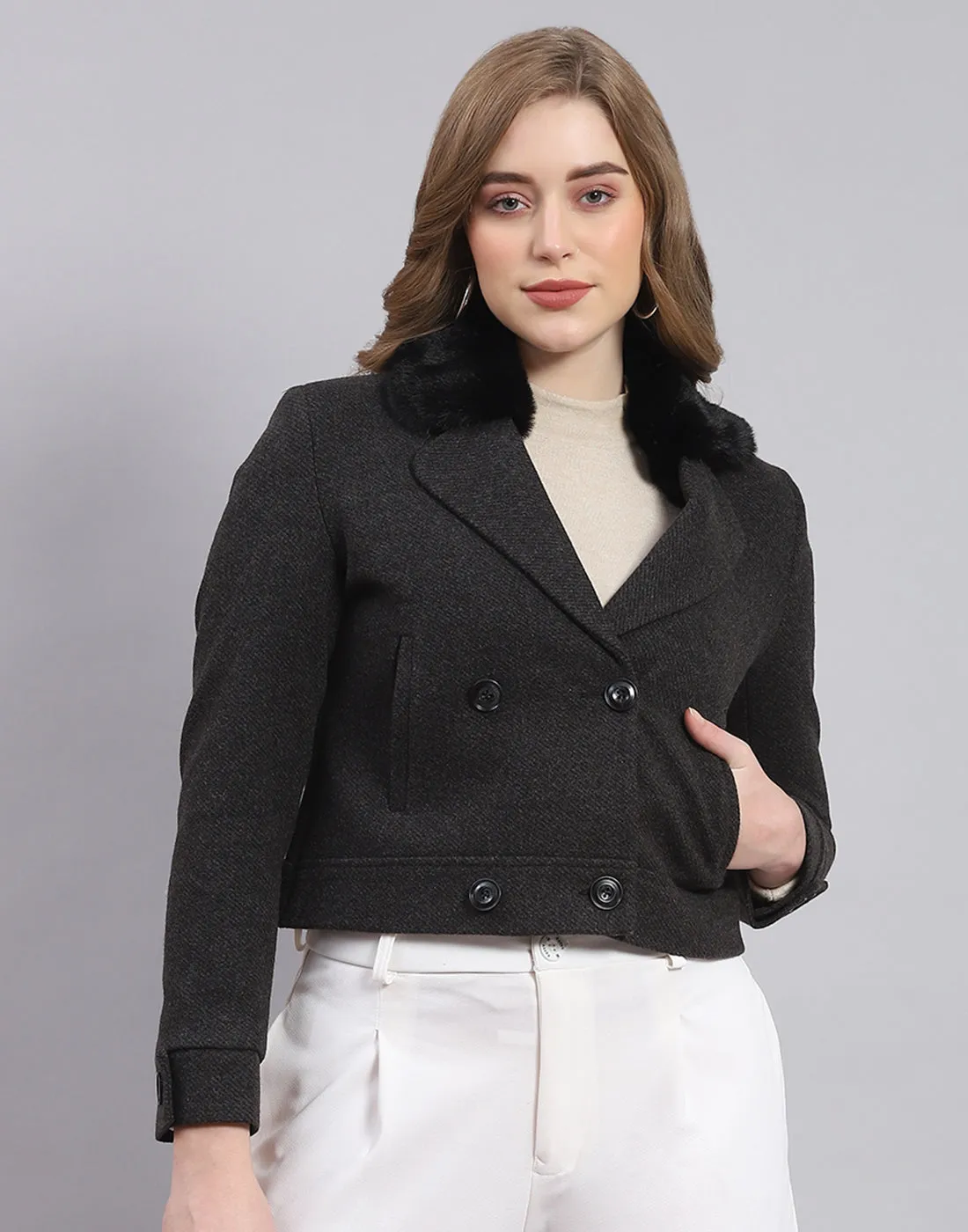 Women Black Solid Lapel Collar Full Sleeve Coat