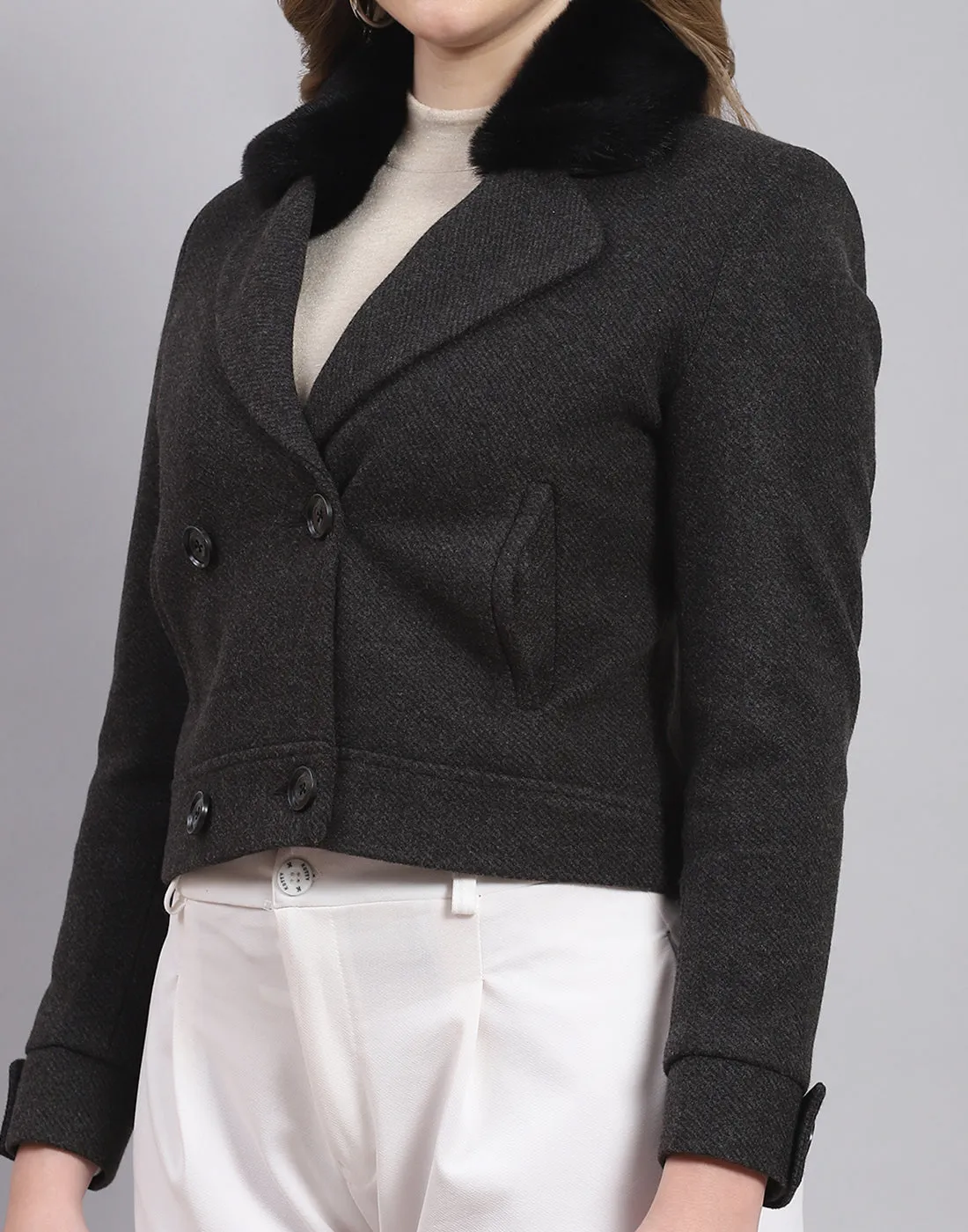 Women Black Solid Lapel Collar Full Sleeve Coat