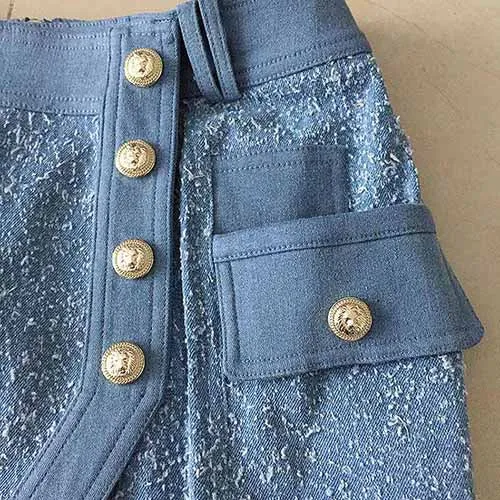 Women Blue Jean Skirt Lion Button Split Irregular Denim Skirt