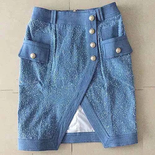 Women Blue Jean Skirt Lion Button Split Irregular Denim Skirt