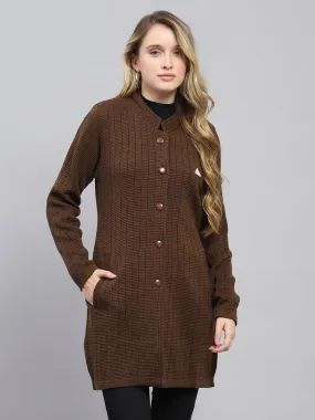 Women Brown Self Design Round Neck Full Sleeve Knitted Coat