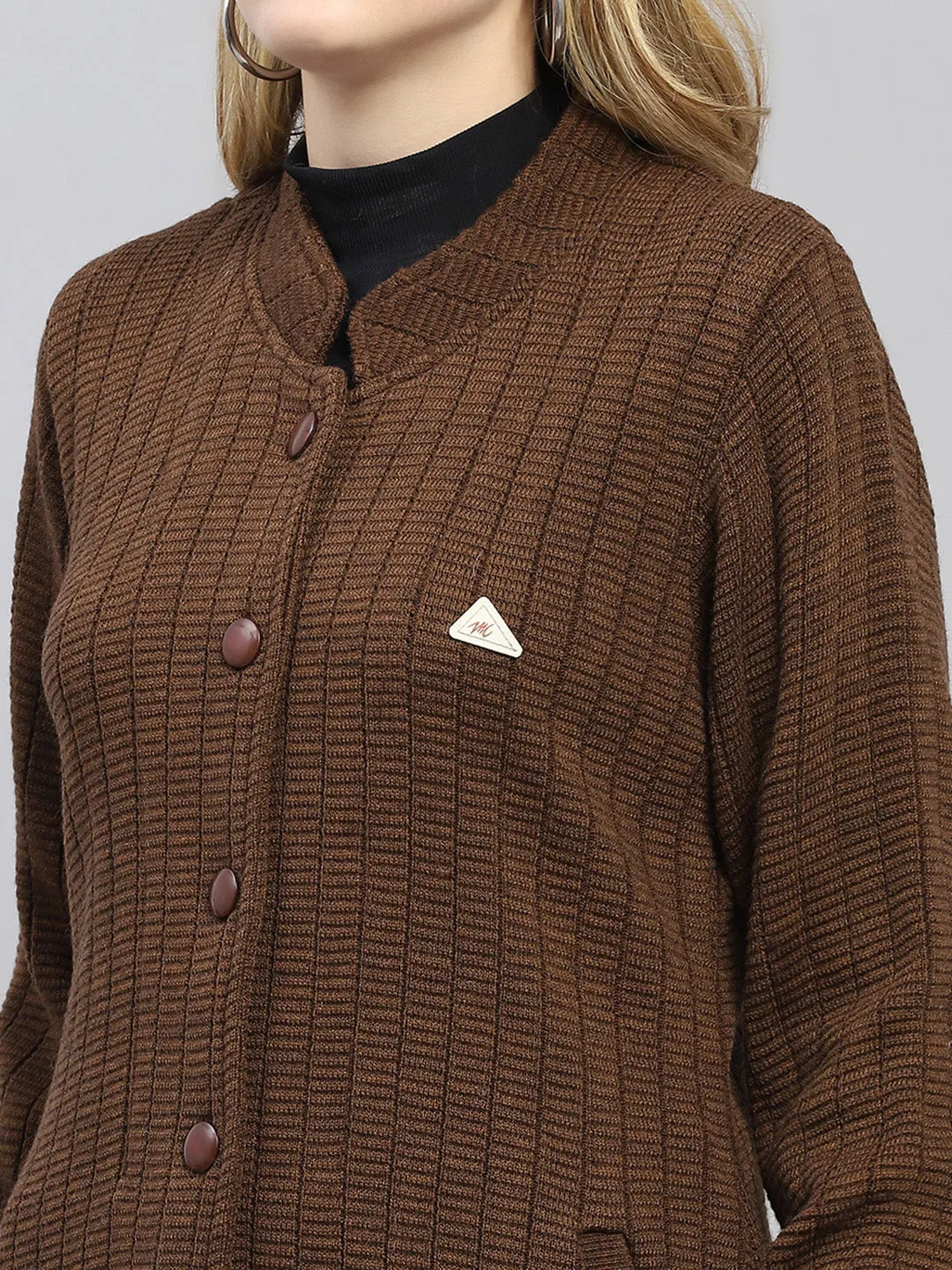 Women Brown Self Design Round Neck Full Sleeve Knitted Coat