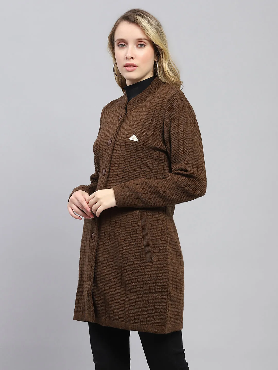 Women Brown Self Design Round Neck Full Sleeve Knitted Coat