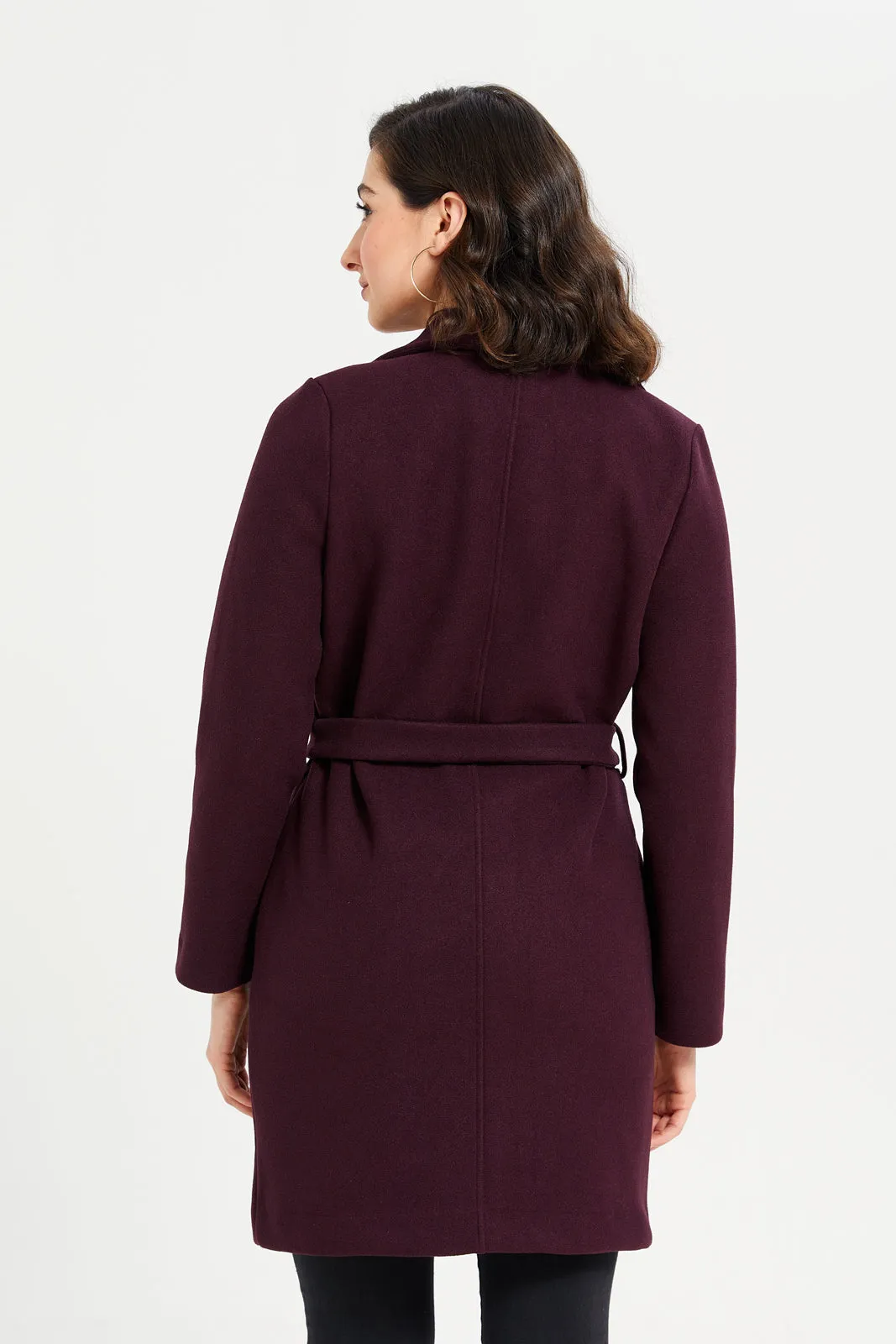 Women Burgundy Long Length Belted Coat