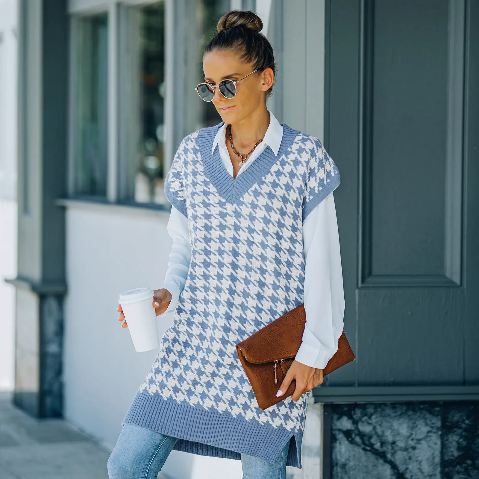 Women Fall Outfits Knitted Vest Sleeveless Houndstooth Sweater