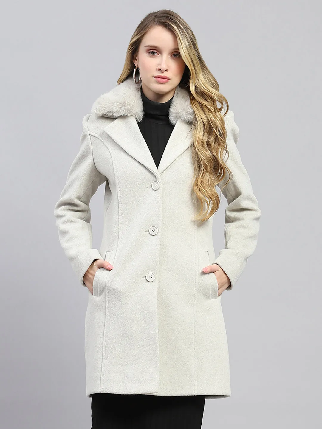 Women Grey Solid Collar Full Sleeve Coat