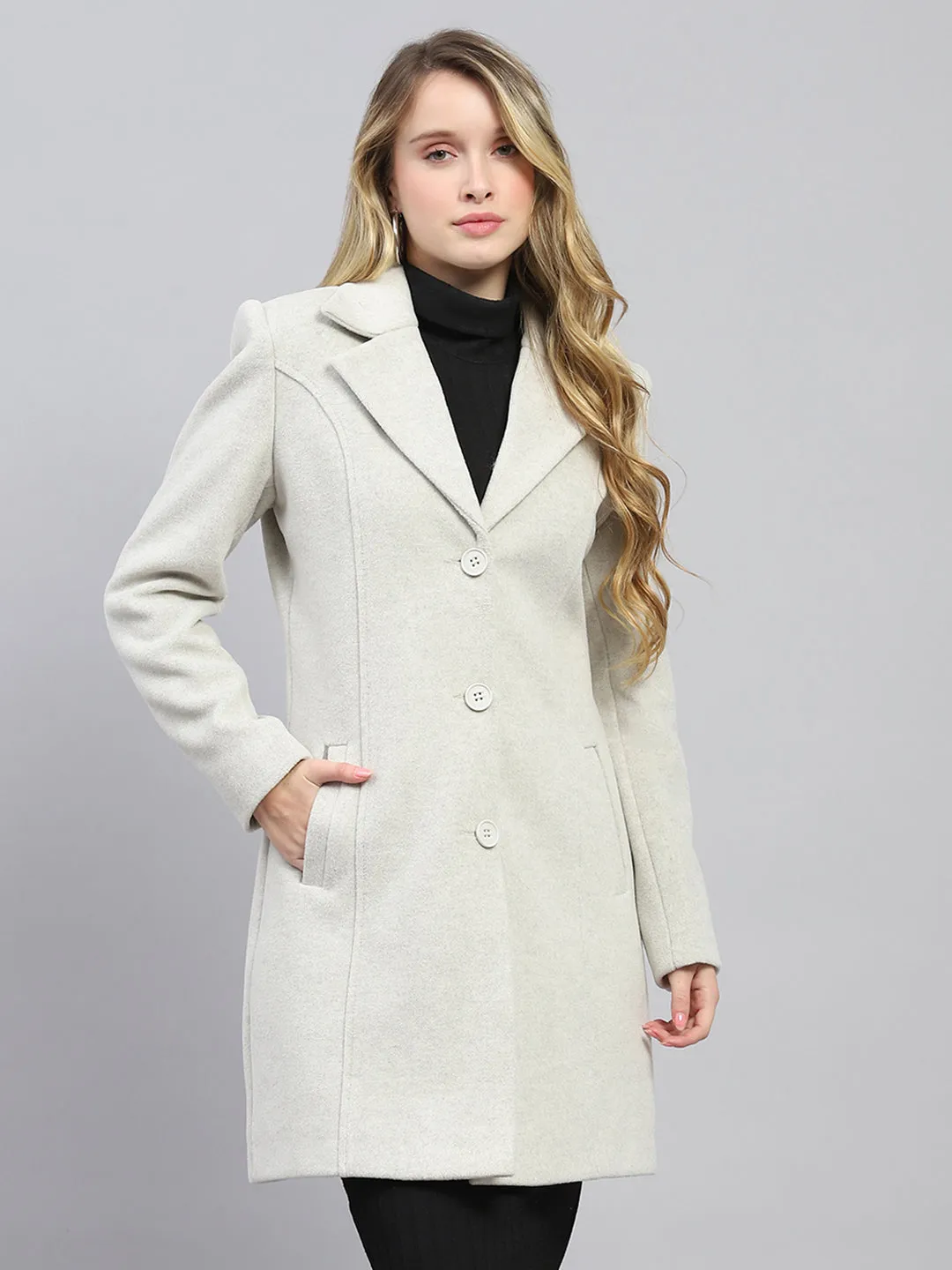 Women Grey Solid Collar Full Sleeve Coat