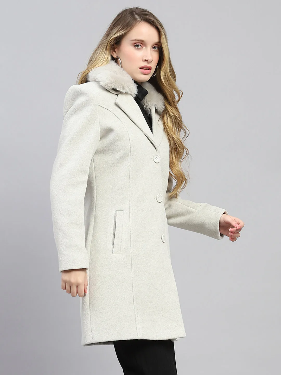 Women Grey Solid Collar Full Sleeve Coat