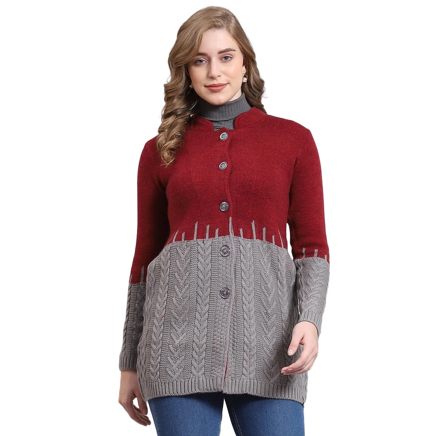 Women Maroon Self Design Round Neck Full Sleeve Coat