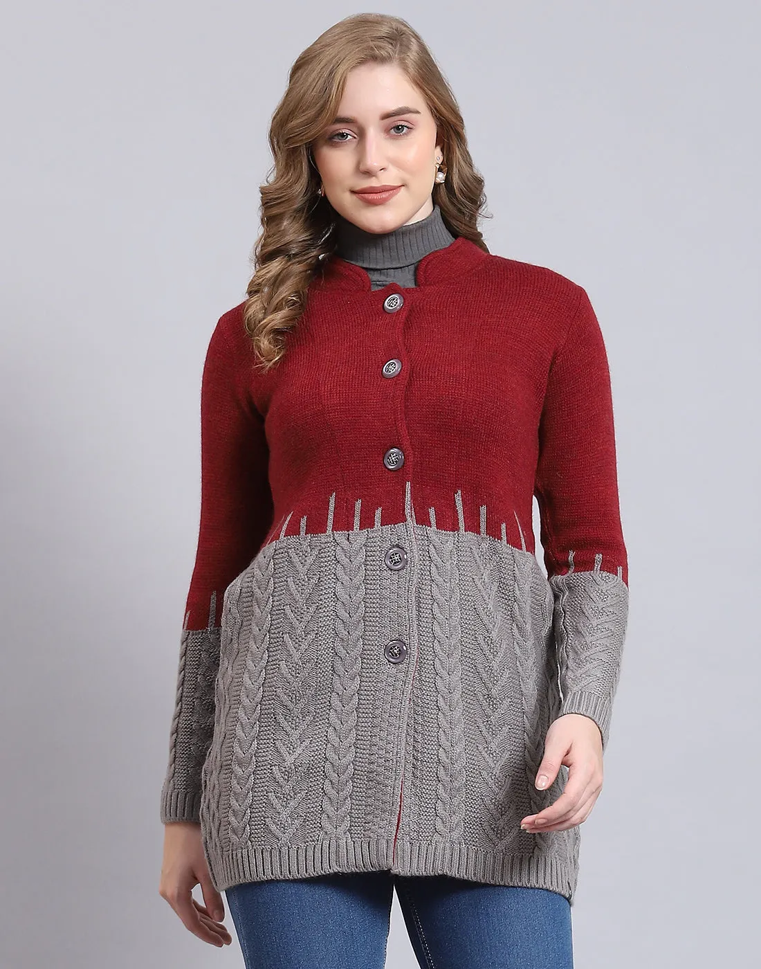 Women Maroon Self Design Round Neck Full Sleeve Coat