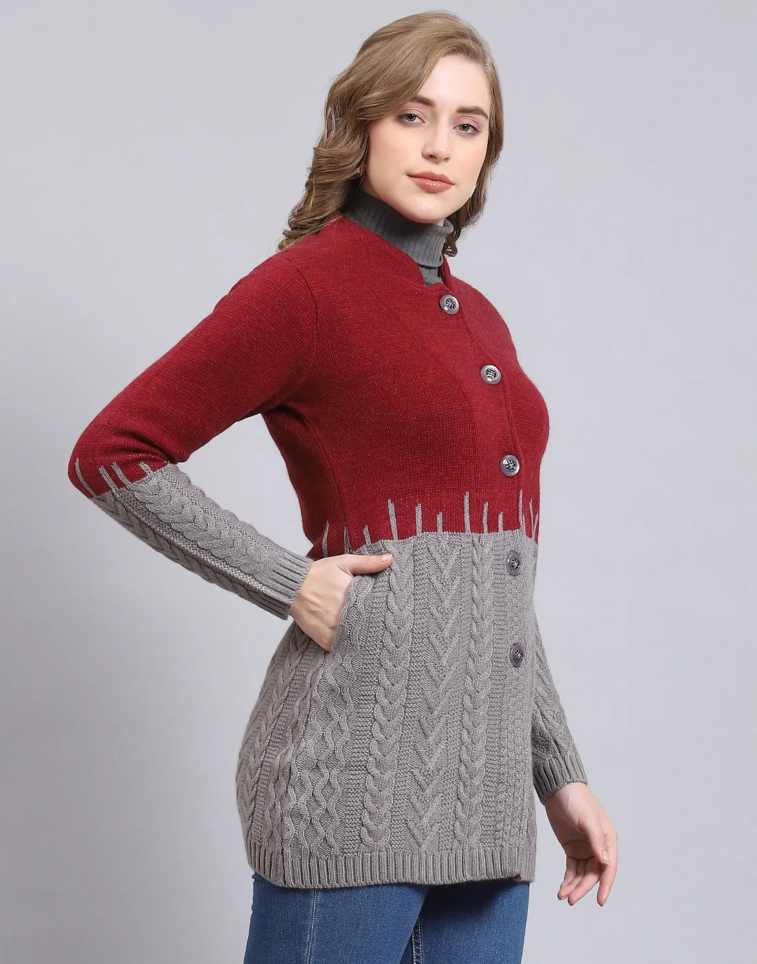 Women Maroon Self Design Round Neck Full Sleeve Coat