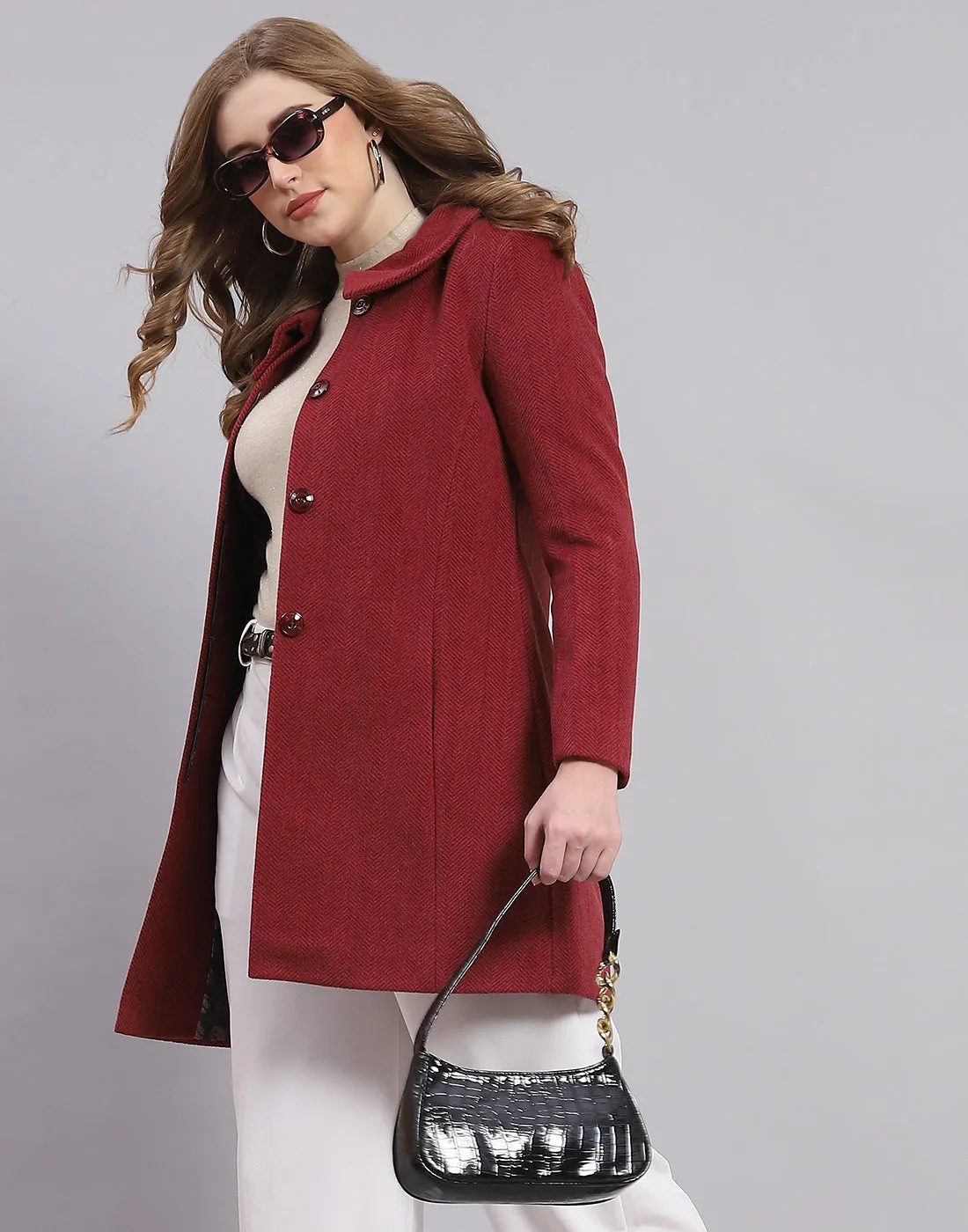 Women Maroon Solid Collar Full Sleeve Coat