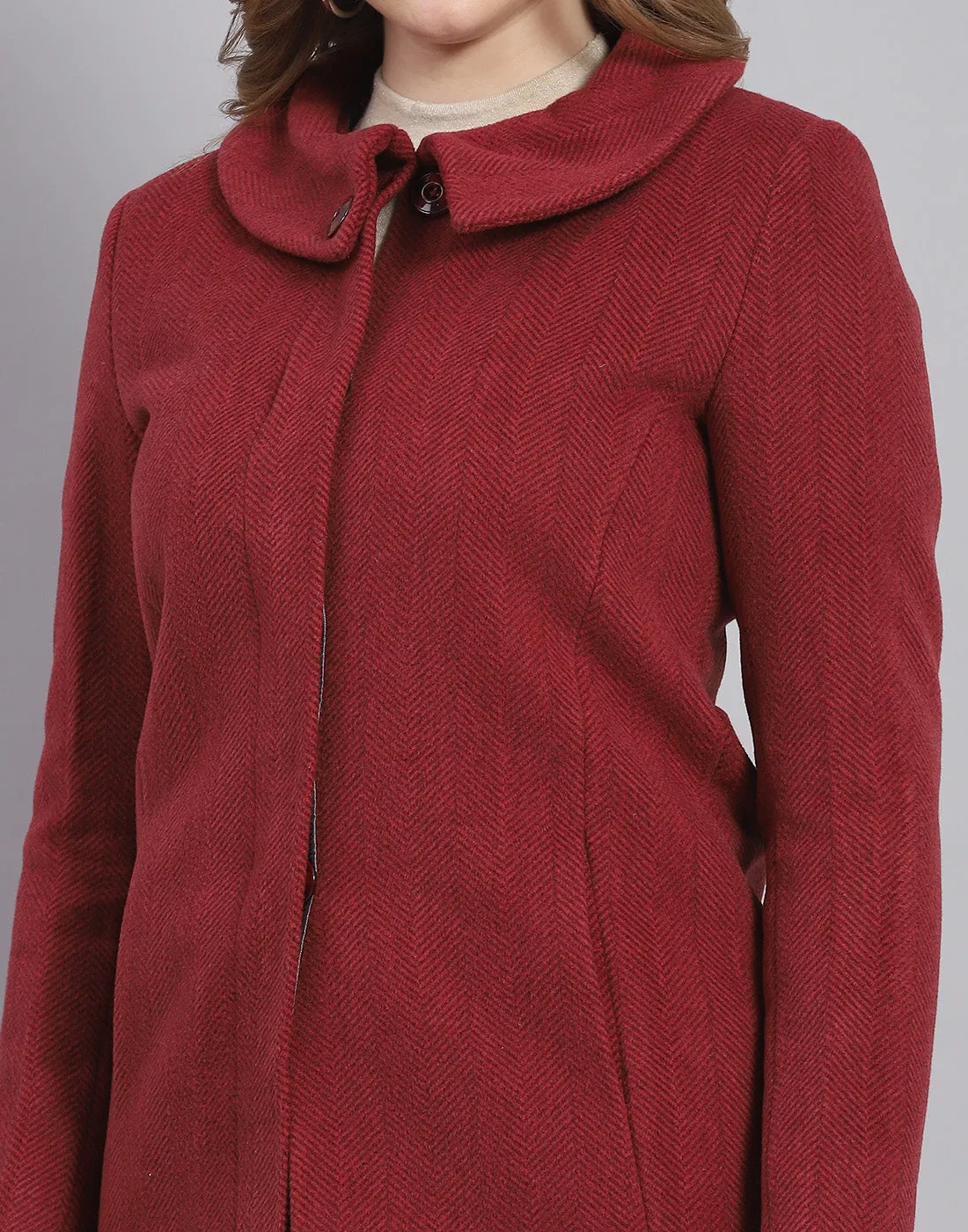 Women Maroon Solid Collar Full Sleeve Coat