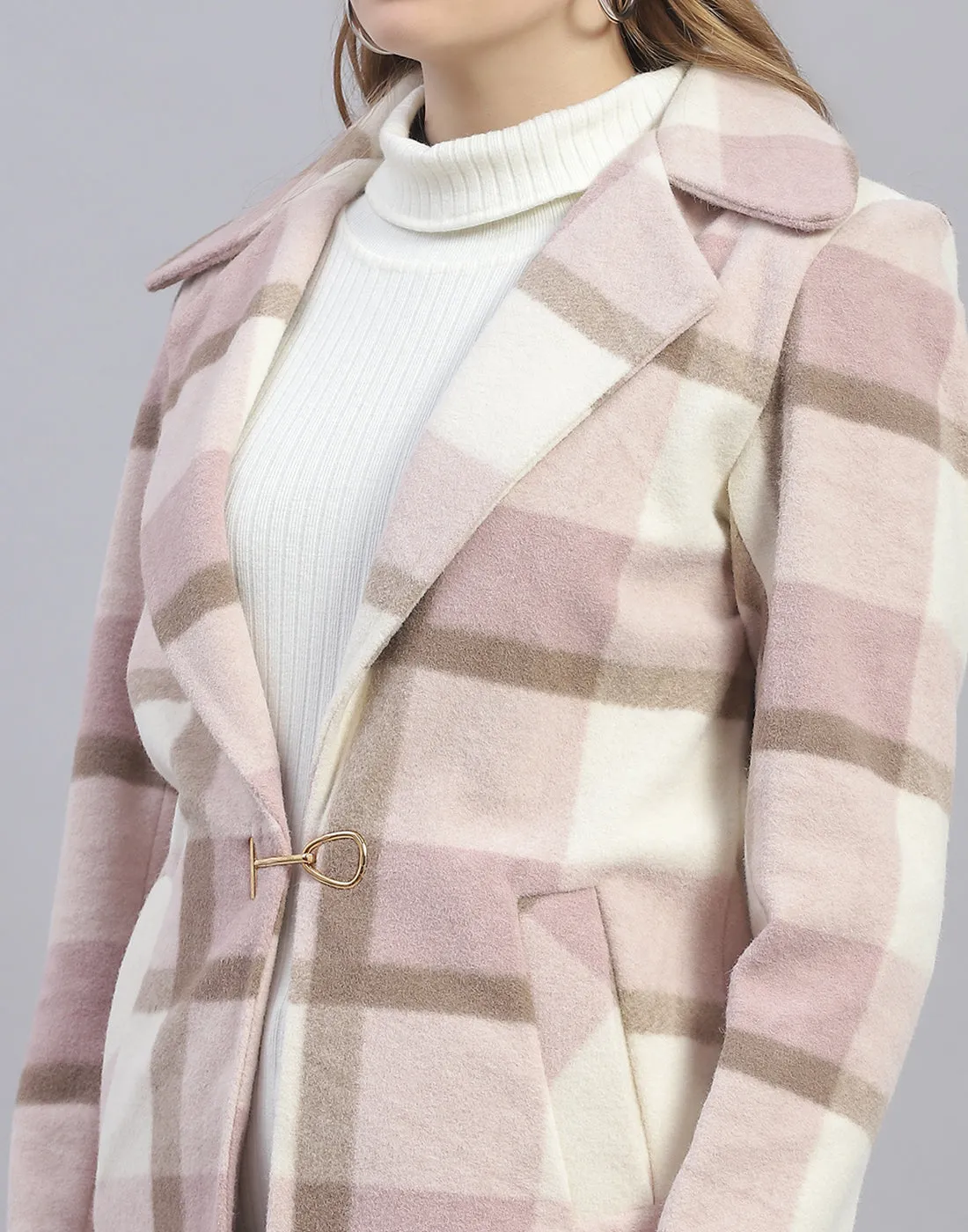 Women Pink Check Lapel Collar Full Sleeve Coat