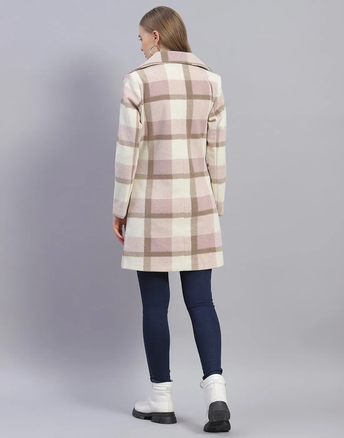 Women Pink Check Lapel Collar Full Sleeve Coat