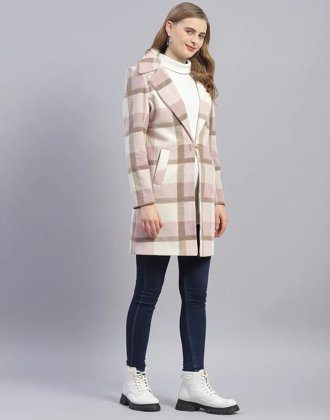 Women Pink Check Lapel Collar Full Sleeve Coat