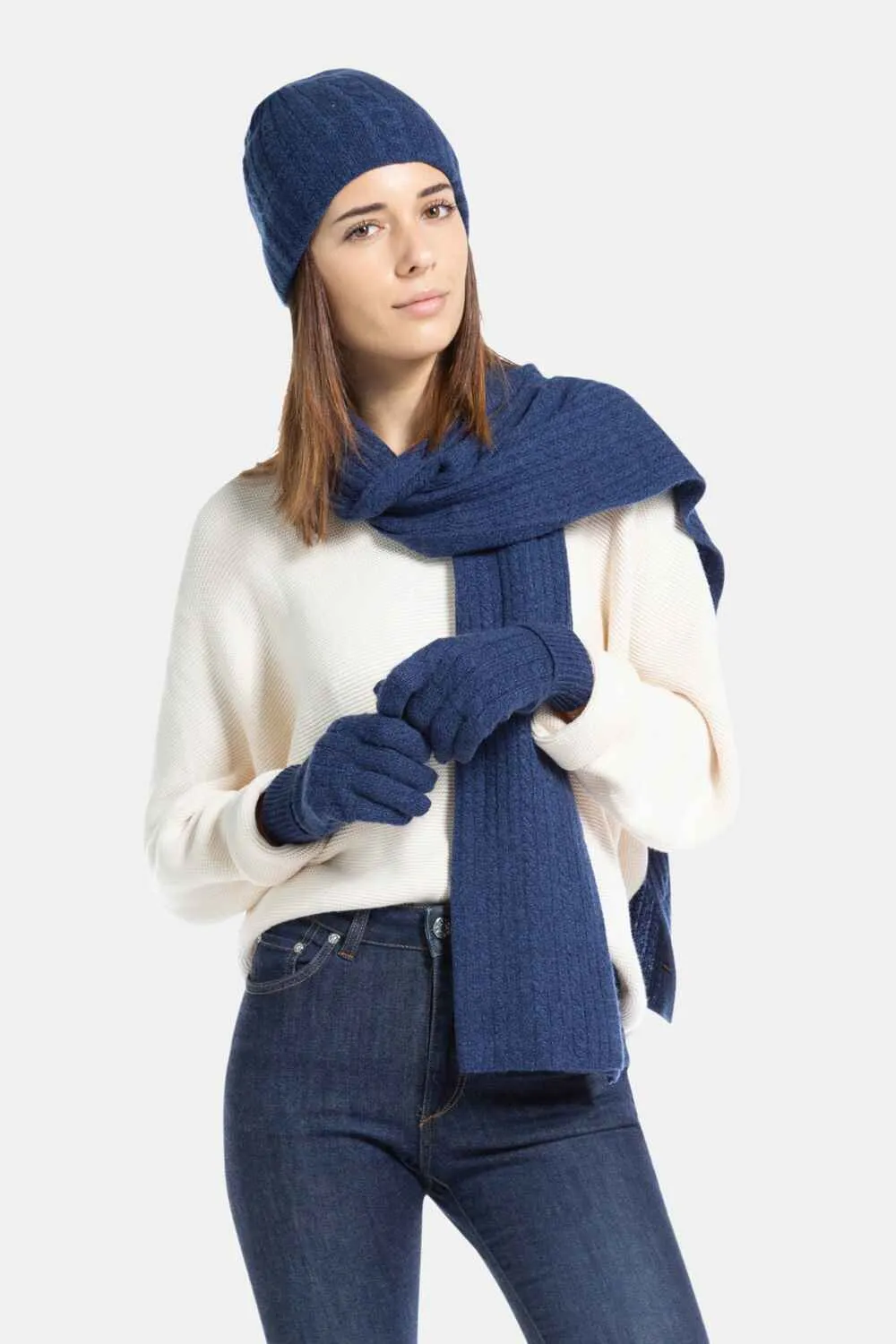 Women's 3pc 100% Pure Cashmere Cable Knit Hat Glove Scarf Set with Gift Box