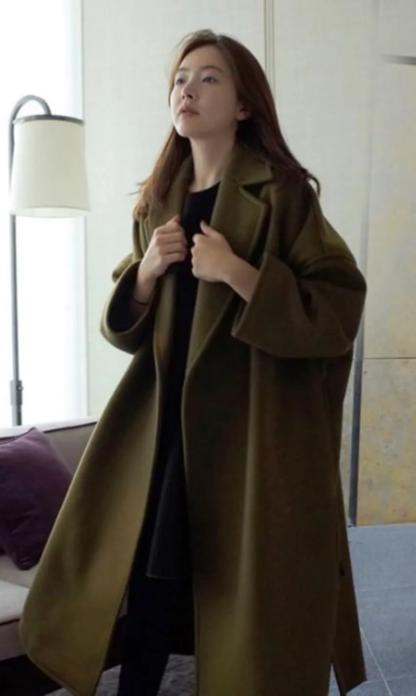 Womens Army Green Relaxed Fit Fall Overcoat