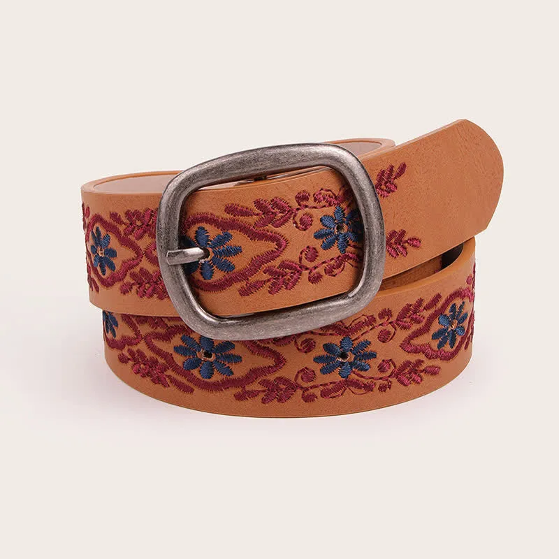 Women's Ethnic Style Flower Embroidery Leather Belt