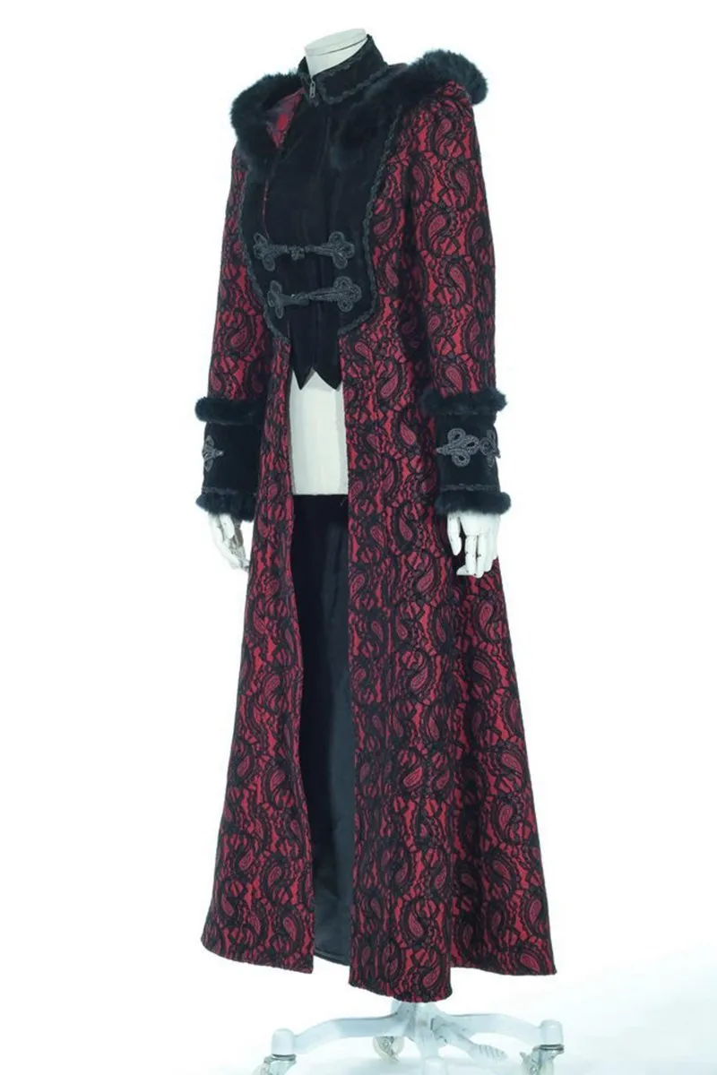 Women's Steampunk Faux Fur Splice Maxi Coat with Hood