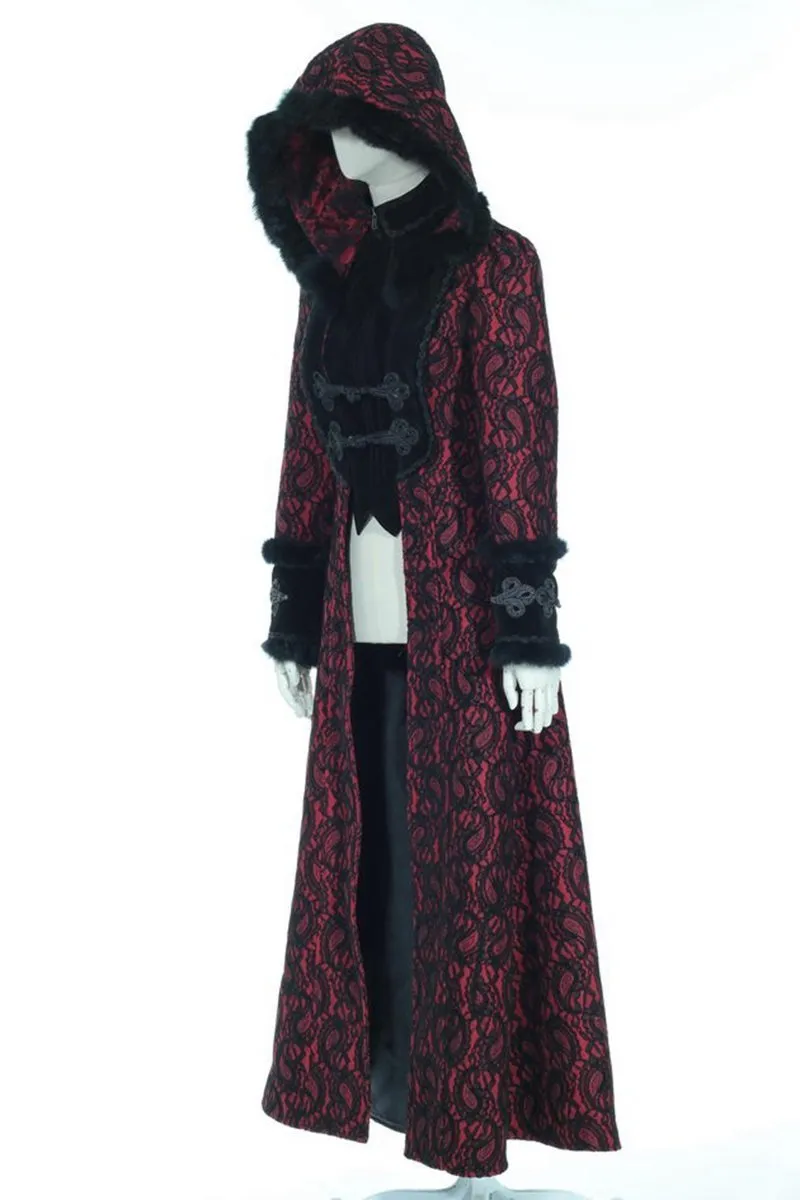 Women's Steampunk Faux Fur Splice Maxi Coat with Hood