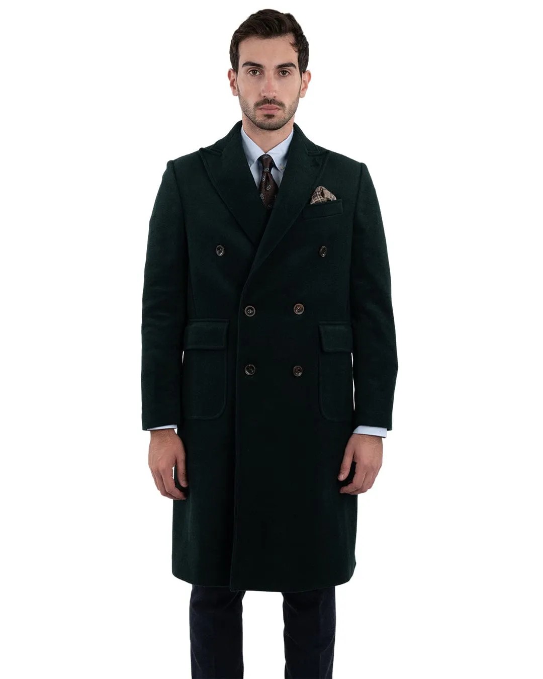 Wool Cashmere Blend Green Double Breasted Overcoat